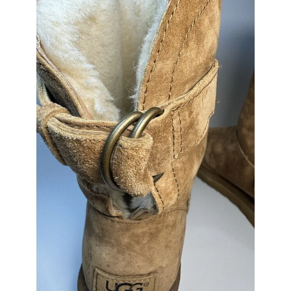UGG Remora Short Boots Womens Size 9 Chestnut Leather Shearling Fur Lined
